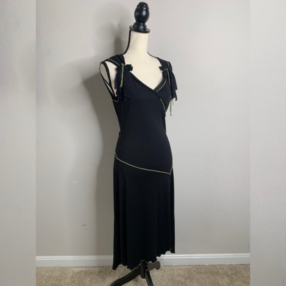 NWT Maxi Studio Black With Green Piping & Shoulder Bow Asymmetrical Midi Dress - Picture 3 of 14